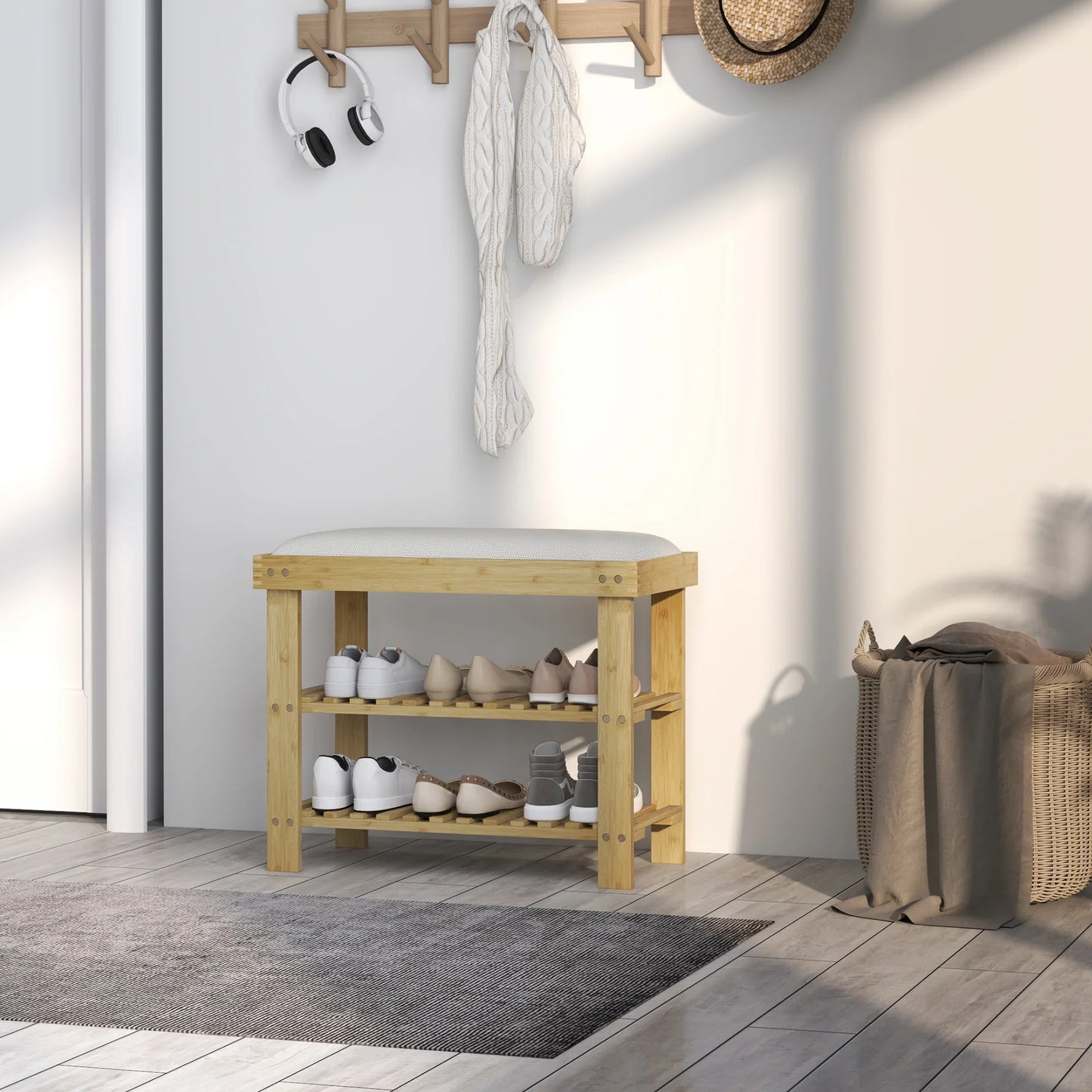 HOMCOM Schuhbank mit Sitzfläche, Bambus Sitzbank mit Stauraum, Schuhregal mit 2 offene Fächer, Sitzbank, Bank, Garderobenbank für Wohnzimmer, Flur, 60 x 29 x 49 cm Cremeweiß