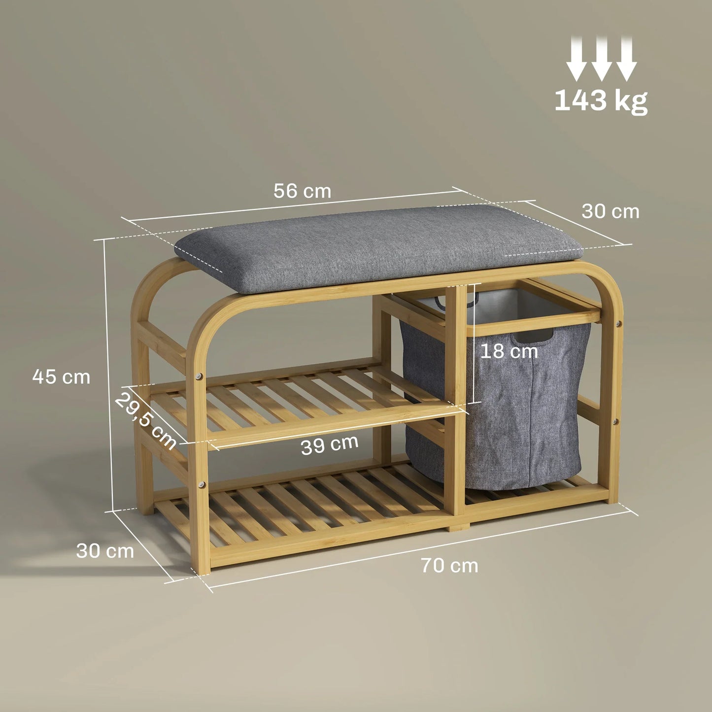 HOMCOM Schuhbank aus Bambus mit gepolsterter Sitzfläche, 2 Lattenregalen und verschiebbarem Stoffkorb, Flurbank für Flur, Schlafzimmer, 70x30x45cm, Naturholz