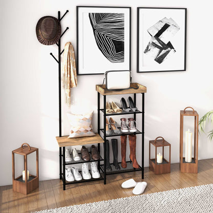 HOMCOM Garderobenständer mit Schuhregal und 5 Ablagen – Garderobenständer mit 6 Haken zum Aufhängen von Taschen und Kleidung im Industrie-Design 92,5x28,2x182 cm Rustikal Braun
