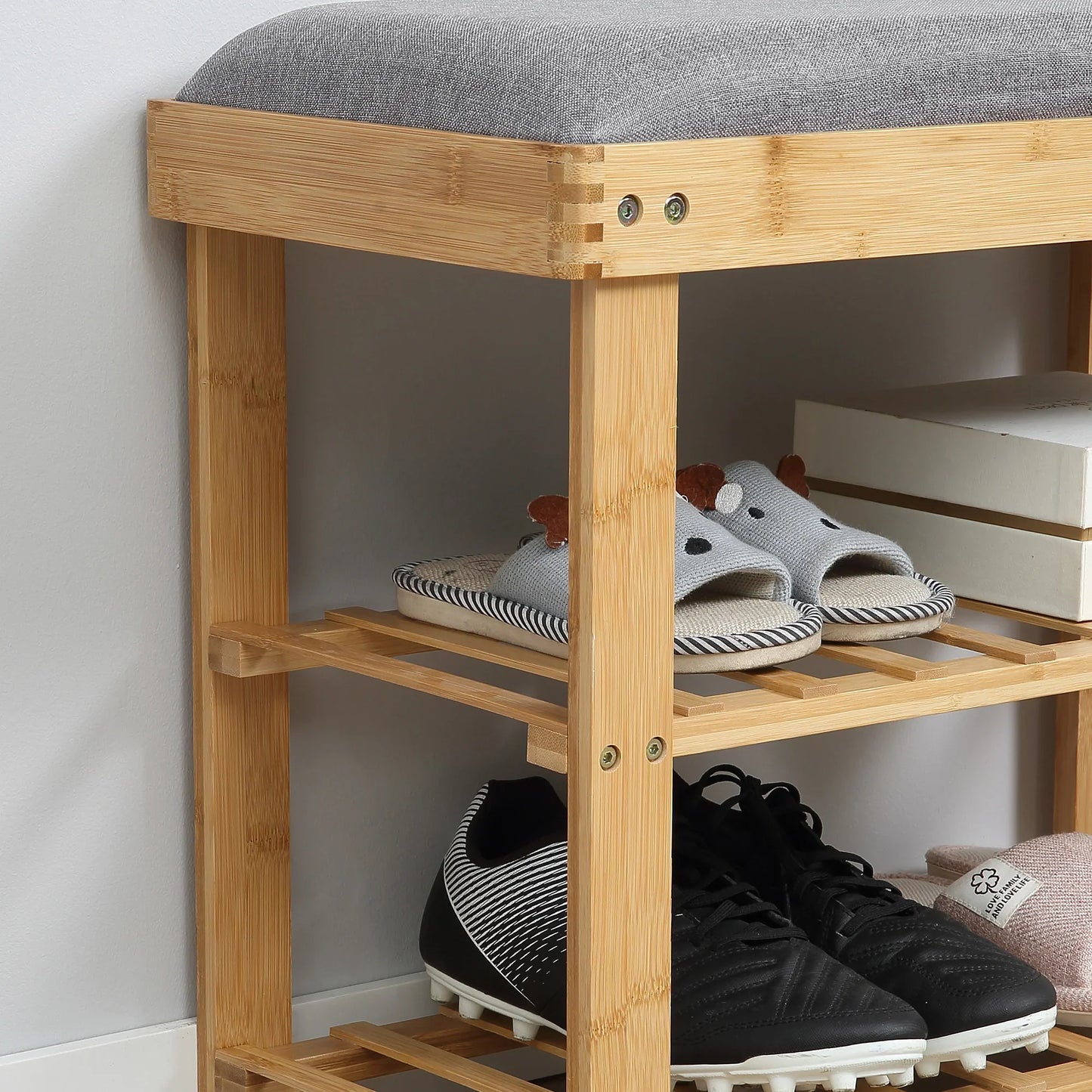 HOMCOM Shoe Storage Bench with Shoe Cabinet, 2 Shelves and Integrated Grey Cushion, made of Bamboo