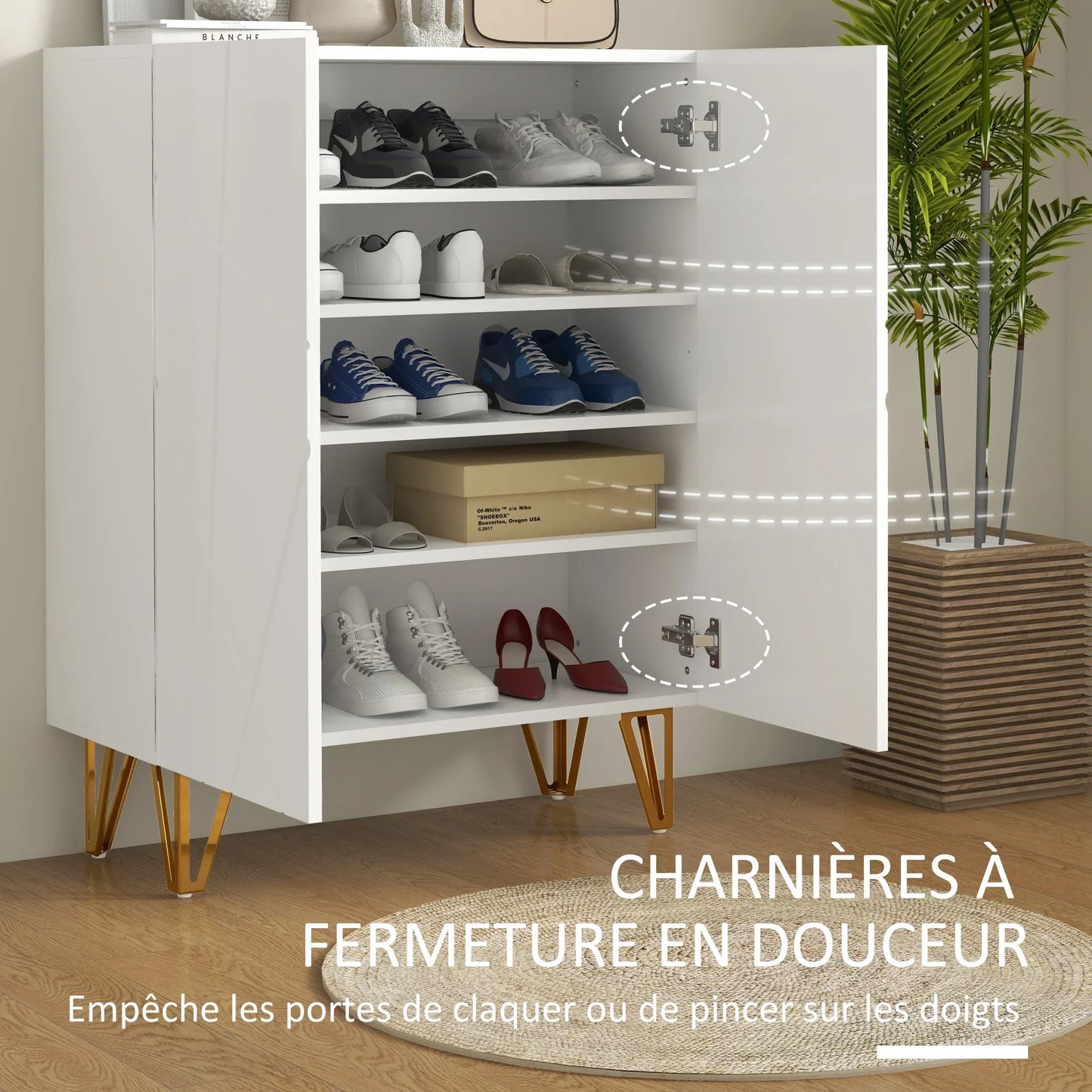 HOMCOM Shoe Cabinet, Shoe Storage Cabinet, 2 Doors with Soft-Close Hinge, Adjustable Shelves for 15-20 Pairs of Shoes, White Lacquer