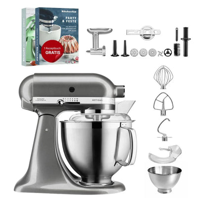 KitchenAid 4,8 L 5KSM185 Artisan Küchenmaschine Fleischliebhaber-Edition Fleischwolf Metall 5KSMMGA Gr. 8 und Spritzgebäckvorsatz