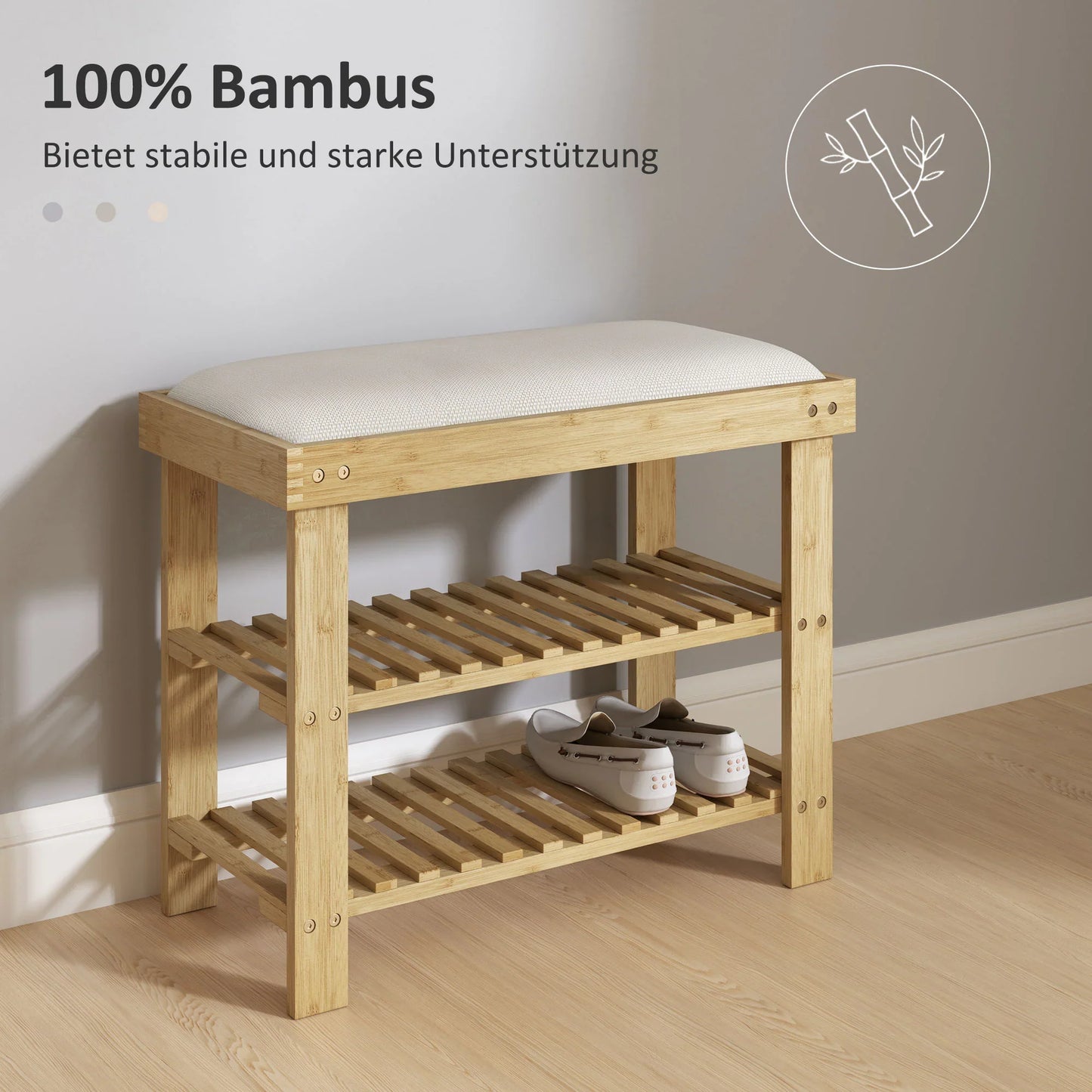 HOMCOM Schuhbank mit Sitzfläche, Bambus Sitzbank mit Stauraum, Schuhregal mit 2 offene Fächer, Sitzbank, Bank, Garderobenbank für Wohnzimmer, Flur, 60 x 29 x 49 cm Cremeweiß