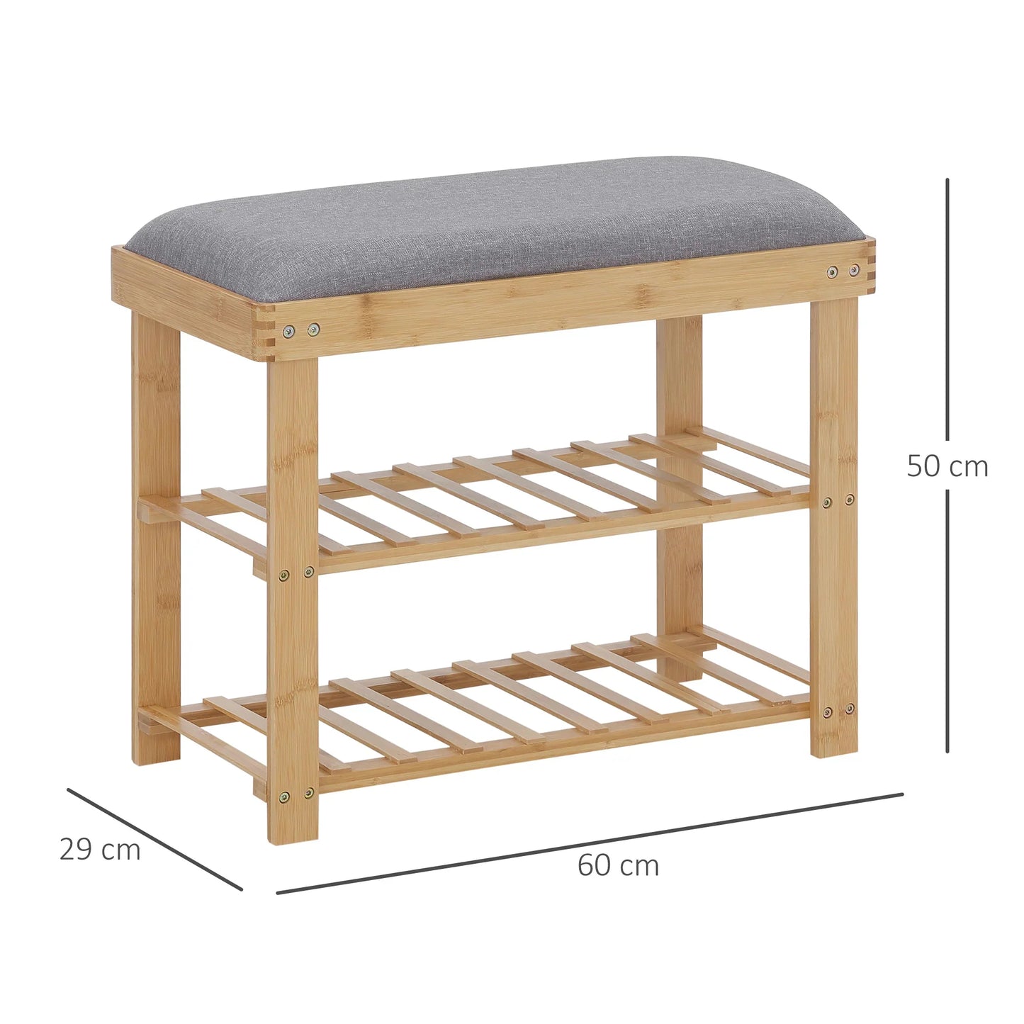 HOMCOM Shoe Storage Bench with Shoe Cabinet, 2 Shelves and Integrated Grey Cushion, made of Bamboo