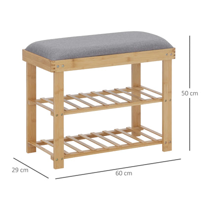 HOMCOM Shoe Storage Bench with Shoe Cabinet, 2 Shelves and Integrated Grey Cushion, made of Bamboo