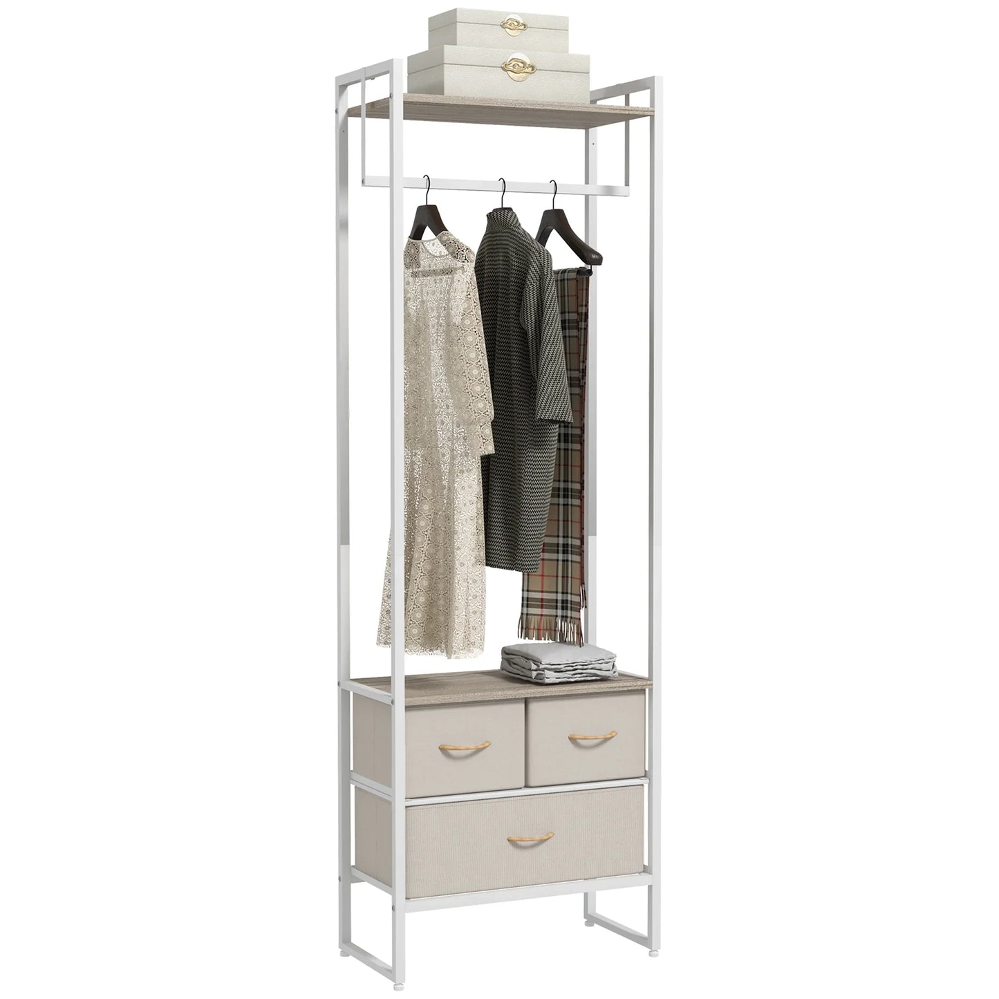 HOMCOM Coat Rack for Hallway with 3 Fabric Drawers, Clothes Rail and Shelf for Hallway, Bedroom, Living Room 58.5x30x178 cm Natural