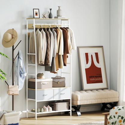 HOMCOM Coat Rack with Shoe Bench – Entryway Hall Tree with Storage Bench, 8 Hooks, 2 Fabric Drawers, Industrial Style Mesh Shelf for Hanging Clothes – Hallway, Bedroom, Living Room 80x30x180.5 cm Natural