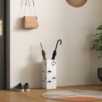 HOMCOM Steel Umbrella Stand with 4 Hooks and Removable Drip Tray - White Umbrella Holder for Hallway and Office 15.5x15.5x41 cm