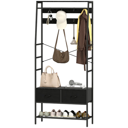 HOMCOM Coat Rack, Clothes Rail with Shoe Rack, 2 Fabric Drawers, Wardrobe with 8 Hooks, Shelf, Coat Rack with Anti-Tip Protection, for Hallway, Corridor, Bedroom, Black