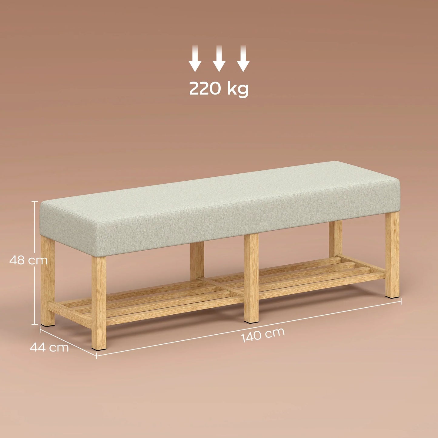 HOMCOM Schuhbank — Moderner Flurbank mit gepolstertem Sitz für 2, offene Schuhablage, Gummibaumholz, für Flur, Diele, Wohnzimmer, 140 x 44 x 48 cm, Creme & Naturholz