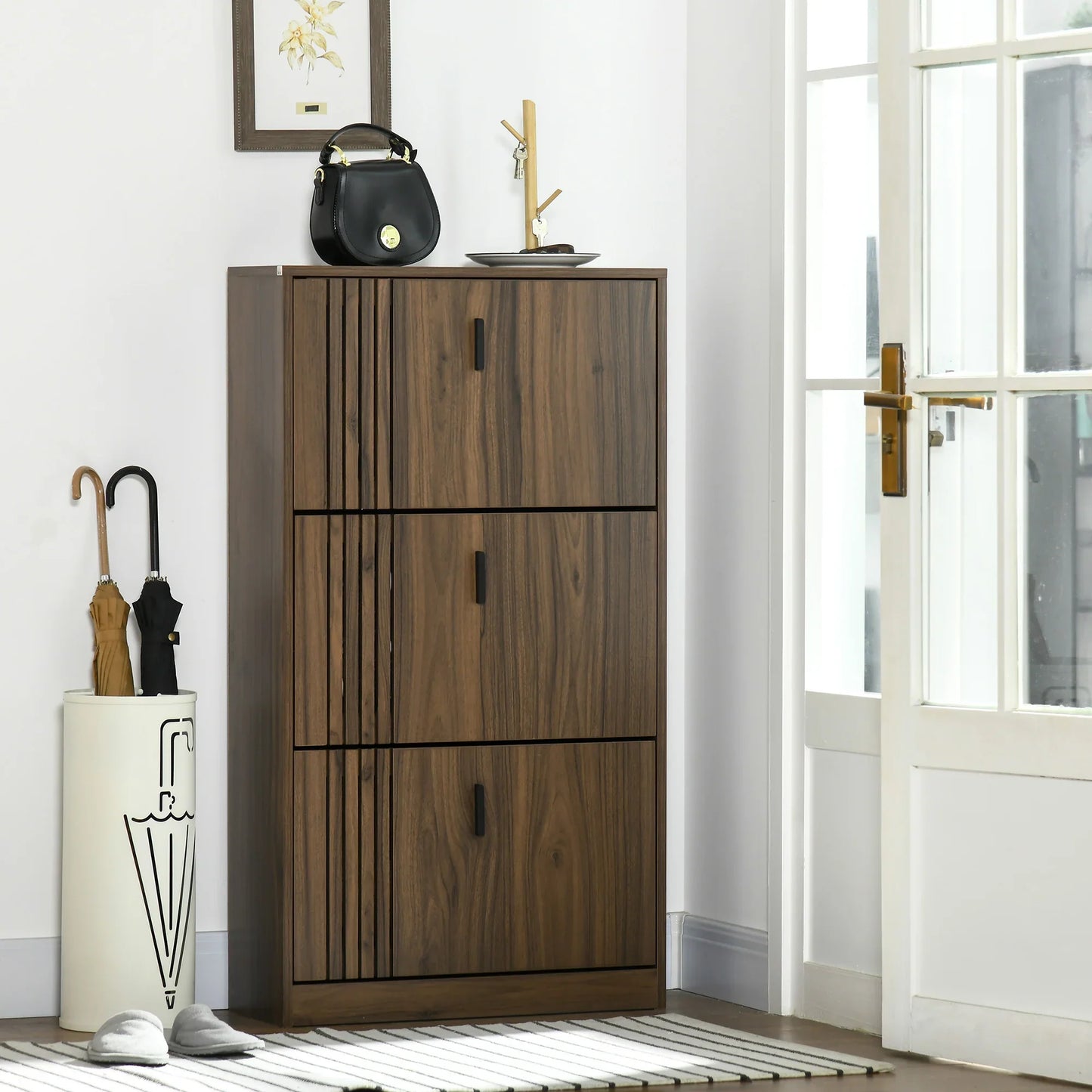 HOMCOM Schuhschrank mit 3 Klappen, für 18 Paar Schuhe, 3 Fächer, große Kapazität für Eingangsbereich, Flur, Wohnzimmer, 63 x 24 x 117 cm, Dunkelwalnuss