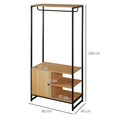 HOMCOM Industrial Style Clothes Rack Made of Steel and Wood, Wardrobe with Shelf and 2 Open Side Compartments, 80x40x180cm, Natural