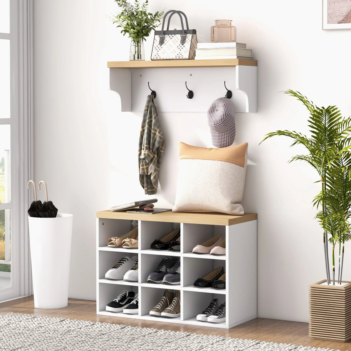 HOMCOM Coat Rack and Shoe Bench 2 in 1 Entrance Furniture with 3 Hooks and Shelves for 9 Pairs of Shoes 75x30x50 cm and 75x20x22.5 cm White