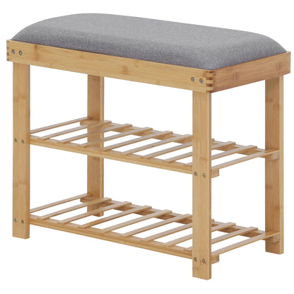 HOMCOM Shoe Storage Bench with Shoe Cabinet, 2 Shelves and Integrated Grey Cushion, made of Bamboo