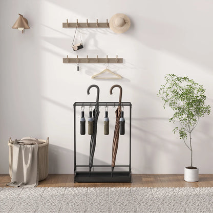 HOMCOM Regenschirmständer aus Stahl Rechteckiger Regenschirmhalter mit 24 Haken, 21 Öffnungen, Abnehmbarer Wassertropfschale für Gehstöcke & Regenschirme 50 x 24 x 68 cm Schwarz
