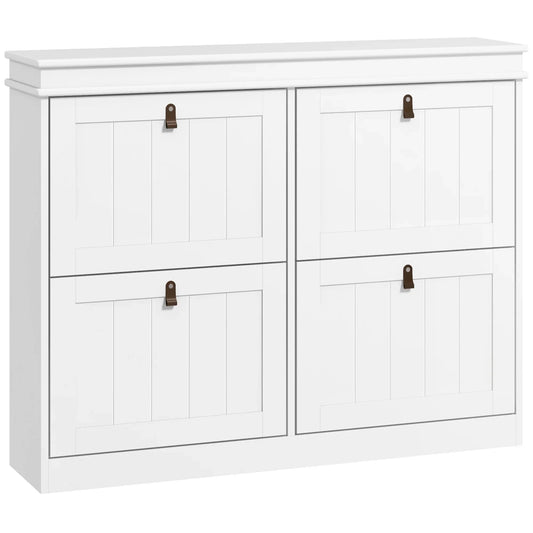 HOMCOM White Shoe Cabinet Slim Shoe Rack with 4 Tilt Doors and Adjustable Shelves for 20 Pairs of Shoes, Anti-tipping Device for Entrance Hallway 105x24x82.5 cm