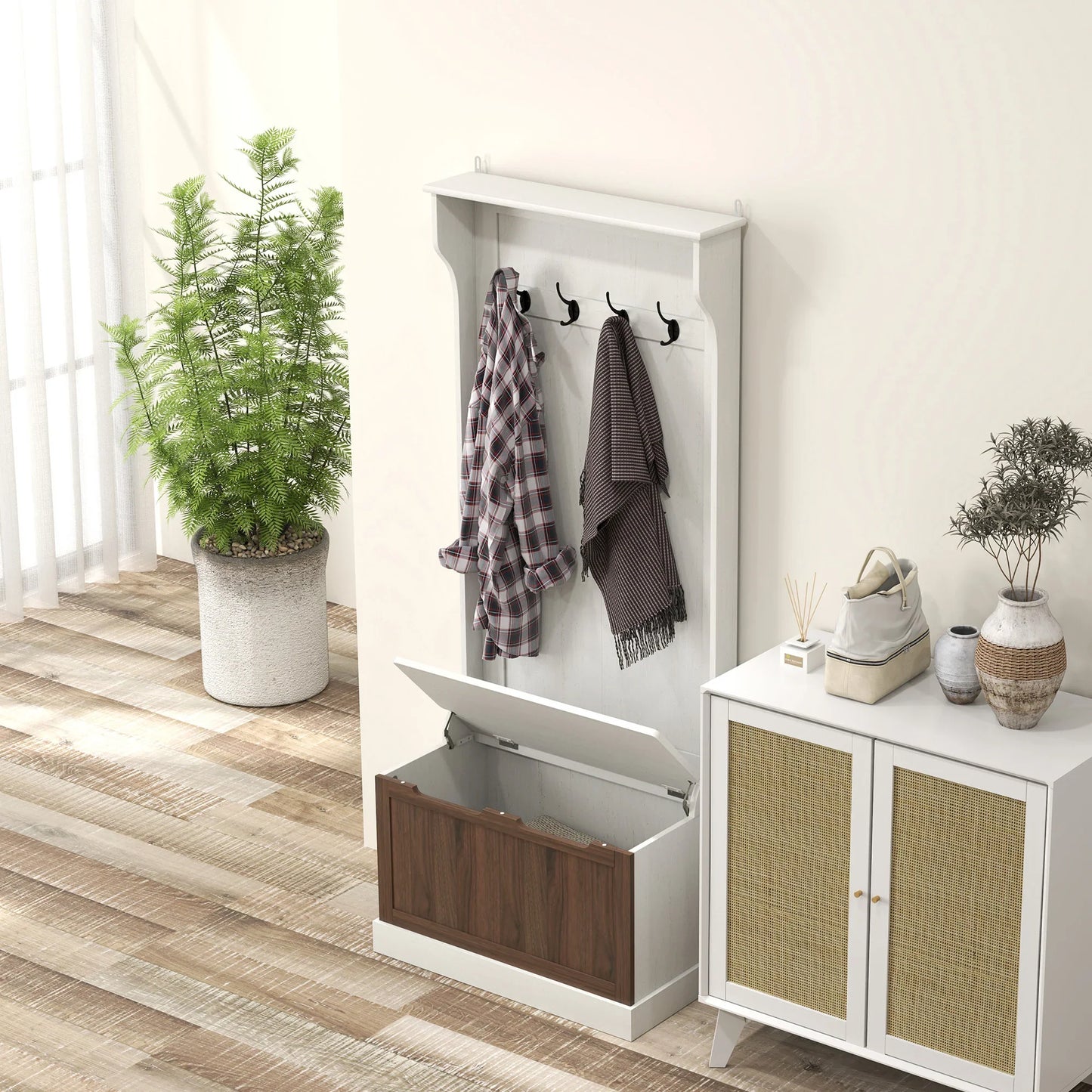 HOMCOM 3 in 1 Garderobenständer mit Schuhbank, platzsparender Boden-Garderobenständer mit 4 Haken und Ablagebank, MDF, für Flur, Schlafzimmer, 71,5x39,5x170 cm, Weiß und Braun