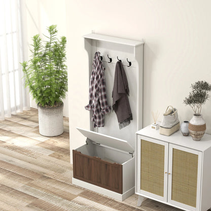 HOMCOM 3 in 1 Garderobenständer mit Schuhbank, platzsparender Boden-Garderobenständer mit 4 Haken und Ablagebank, MDF, für Flur, Schlafzimmer, 71,5x39,5x170 cm, Weiß und Braun