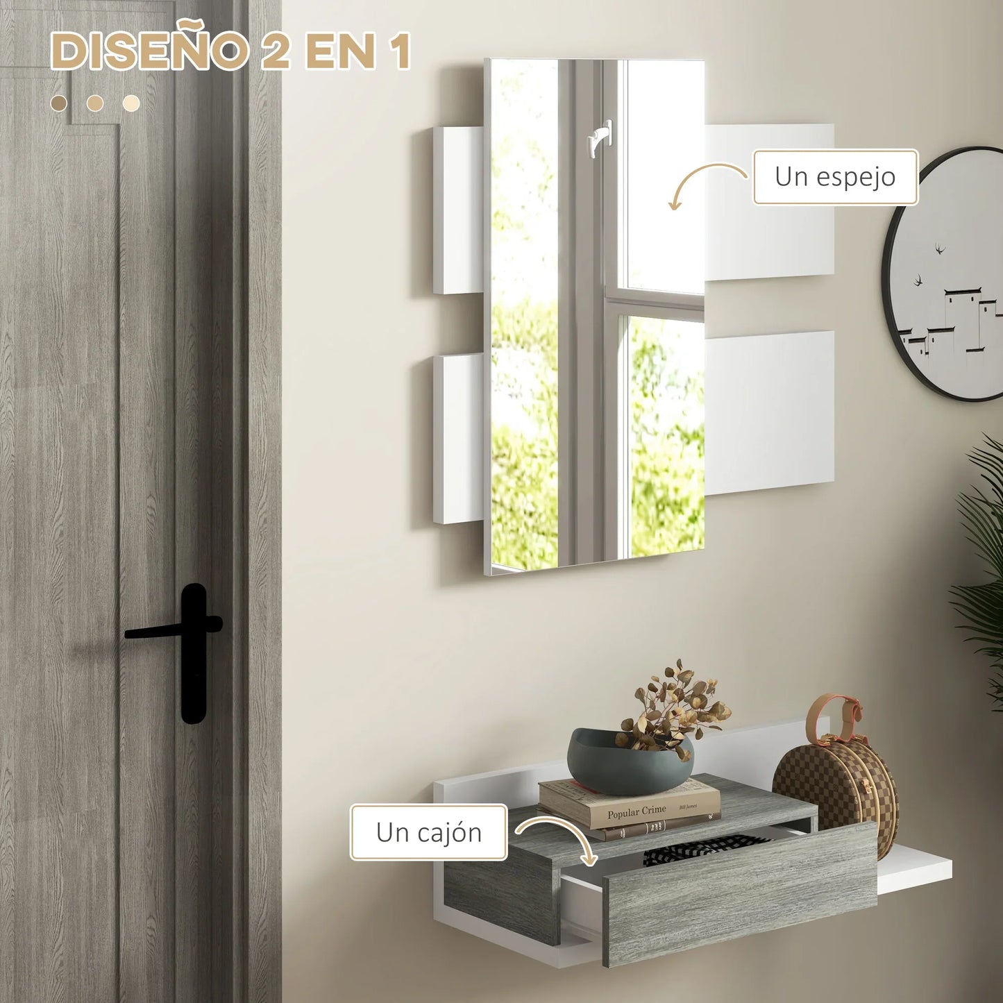 HOMCOM Flureinrichtungsset mit Spiegel und Schublade, Wandmontage, Moderner Stil 75x3,5x75 cm und 75x30,5x20 cm Grau und Weiß
