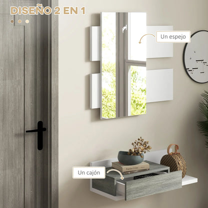 HOMCOM Flureinrichtungsset mit Spiegel und Schublade, Wandmontage, Moderner Stil 75x3,5x75 cm und 75x30,5x20 cm Grau und Weiß
