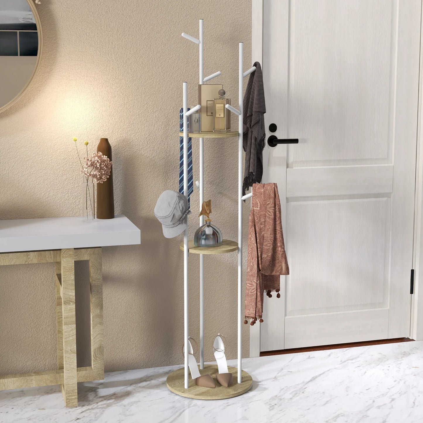 HOMCOM Freestanding Coat Rack made of Steel with 9 Hooks and 2 Round Shelves - Ø 40 x 167 cm in Natural and White