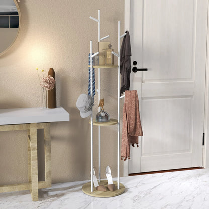 HOMCOM Freestanding Coat Rack made of Steel with 9 Hooks and 2 Round Shelves - Ø 40 x 167 cm in Natural and White