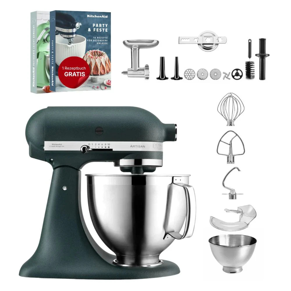 KitchenAid 4,8 L 5KSM185 Artisan Küchenmaschine Fleischliebhaber-Edition Fleischwolf Metall 5KSMMGA Gr. 8 und Spritzgebäckvorsatz