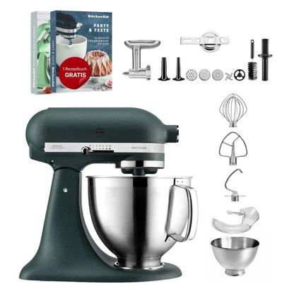 KitchenAid 4,8 L 5KSM185 Artisan Küchenmaschine Fleischliebhaber-Edition Fleischwolf Metall 5KSMMGA Gr. 8 und Spritzgebäckvorsatz