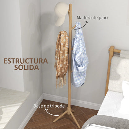 HOMCOM Freestanding Coat Rack with 8 Hooks - Wooden Clothes Tree for Hallway, Entrance Area, Bedroom 40x40x165 cm Natural