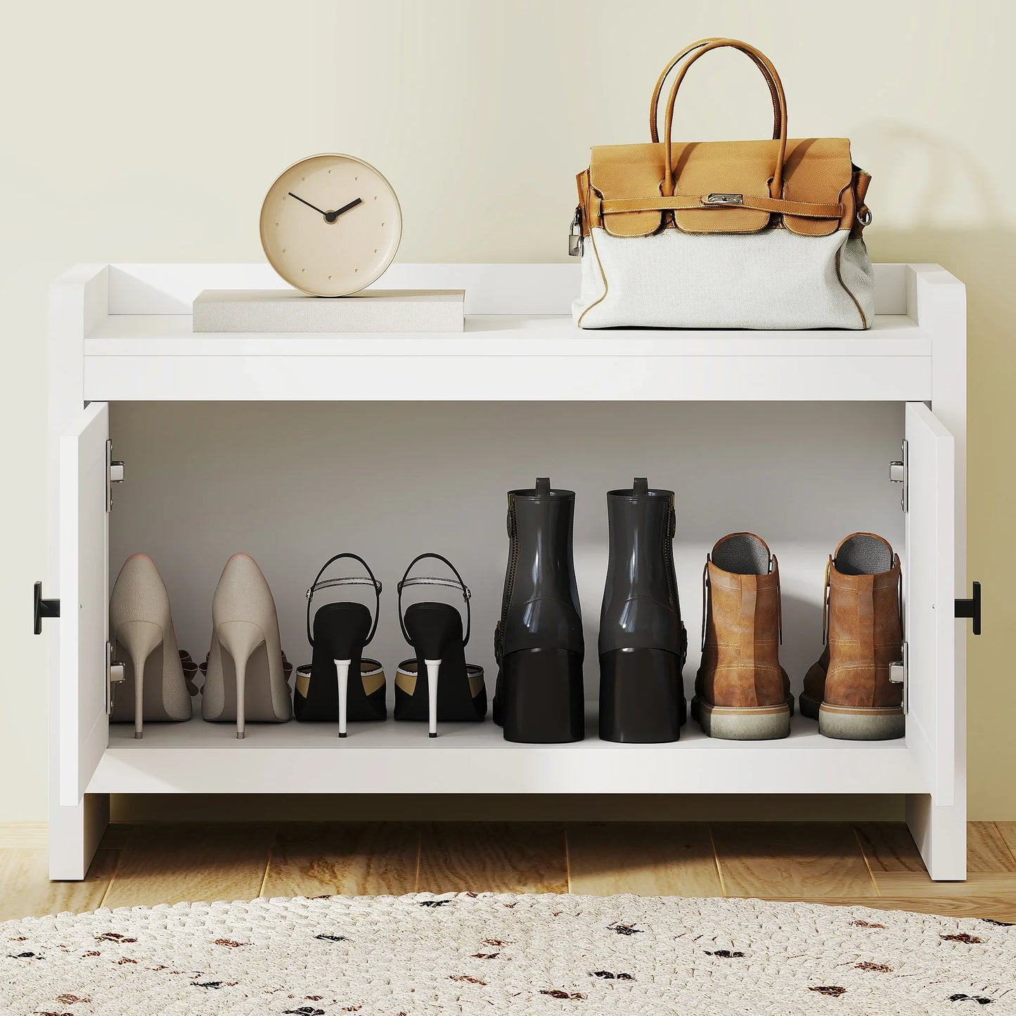 HOMCOM Bohemian shoe bench with rattan front doors, removable shelf for 8 pairs of shoes for hallway and bedroom 80x35x52 cm white