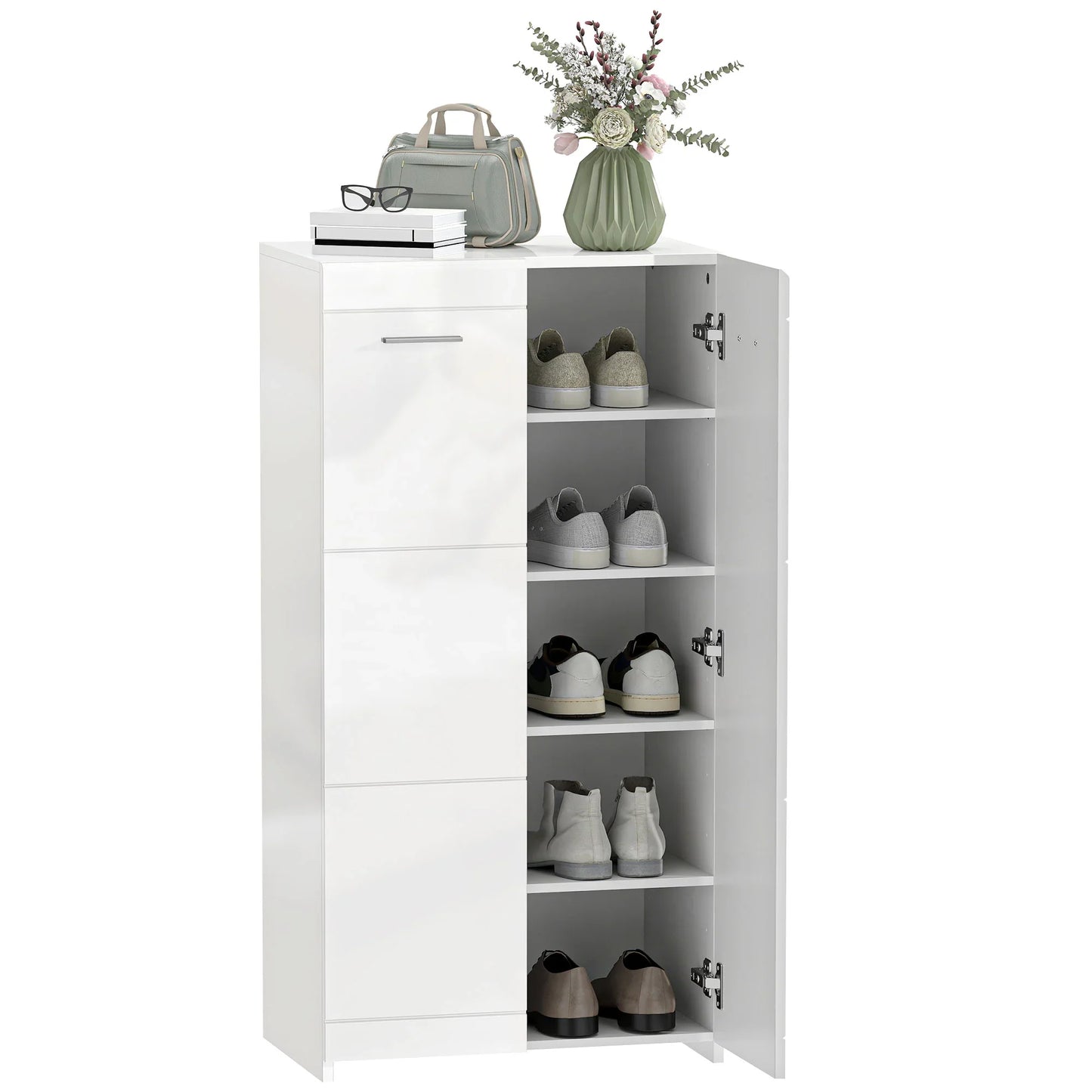 HOMCOM Schuhschrank, 2-türig, 5 Ablagen, verstellbare Einlegeböden, fasst 10 Paar, Hochglanzweiß, 55 x 36 x 108 cm