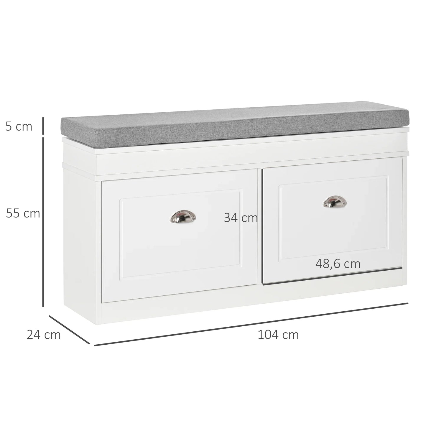 HOMCOM Schuhbank Schuhaufbewahrung für 8 Paar Schuhe mit 2 Schubladen, verstellbaren Regalböden und gepolstertem Sitzkissen für Eingangsbereich Flur 104x24x55 cm Weiß