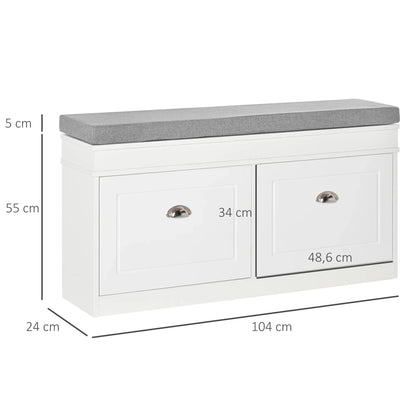 HOMCOM Schuhbank Schuhaufbewahrung für 8 Paar Schuhe mit 2 Schubladen, verstellbaren Regalböden und gepolstertem Sitzkissen für Eingangsbereich Flur 104x24x55 cm Weiß