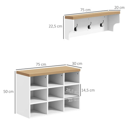 HOMCOM Coat Rack and Shoe Bench 2 in 1 Entrance Furniture with 3 Hooks and Shelves for 9 Pairs of Shoes 75x30x50 cm and 75x20x22.5 cm White