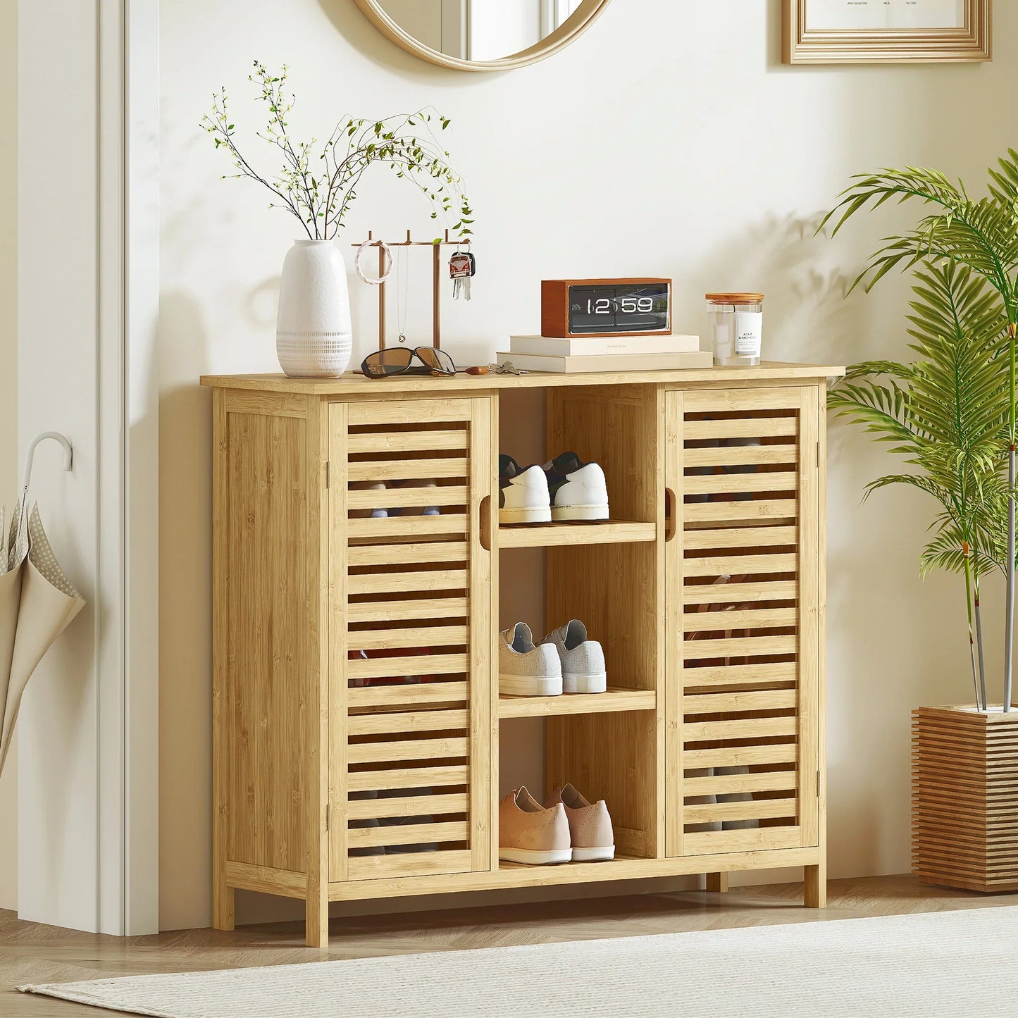 HOMCOM Bamboo Shoe Cabinet with 2 Louvred Doors - Shoe Rack for the Entrance Area with Shelves and Open Compartments for 9 Pairs of Shoes 100x33x86 cm Natural