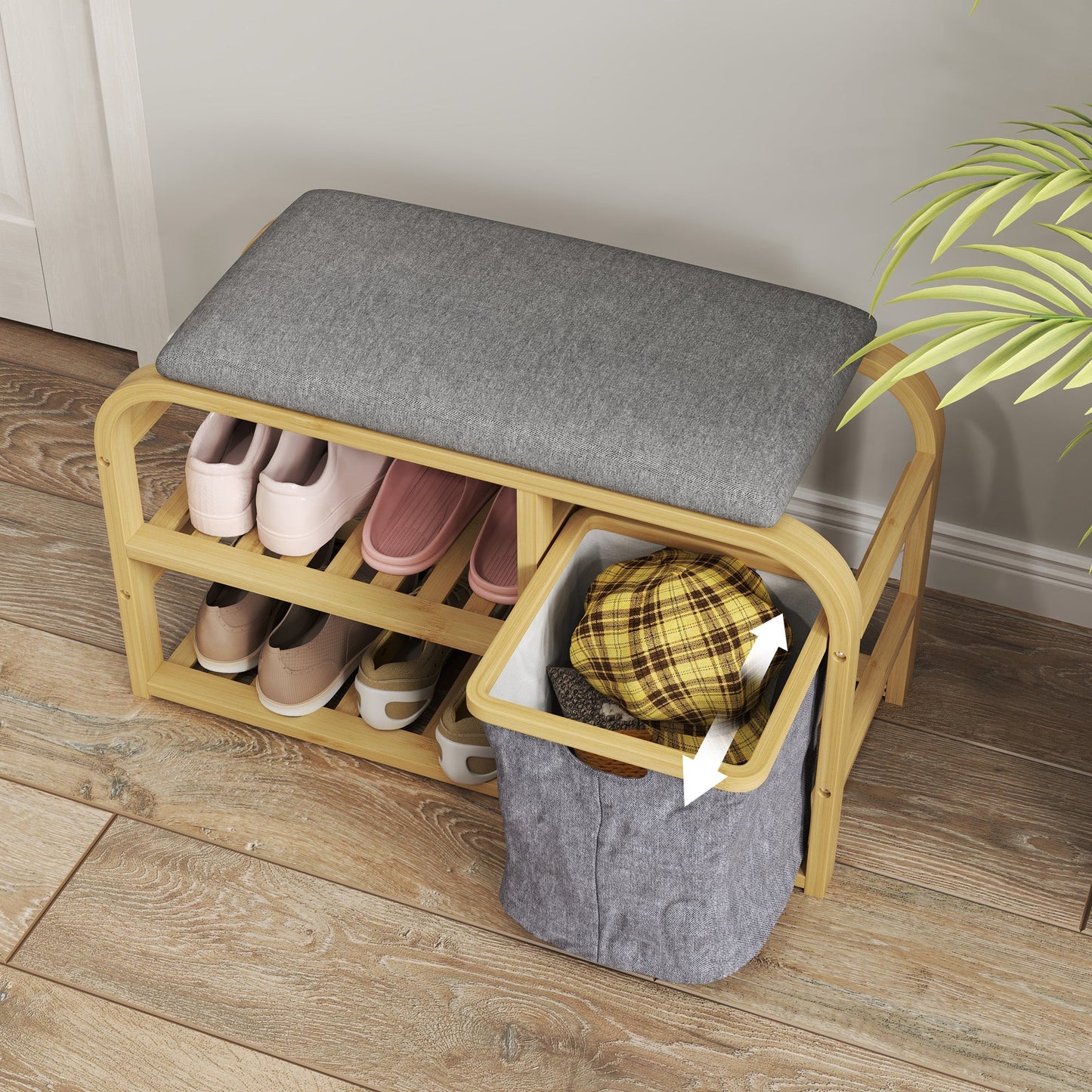 HOMCOM Schuhbank aus Bambus mit gepolsterter Sitzfläche, 2 Lattenregalen und verschiebbarem Stoffkorb, Flurbank für Flur, Schlafzimmer, 70x30x45cm, Naturholz