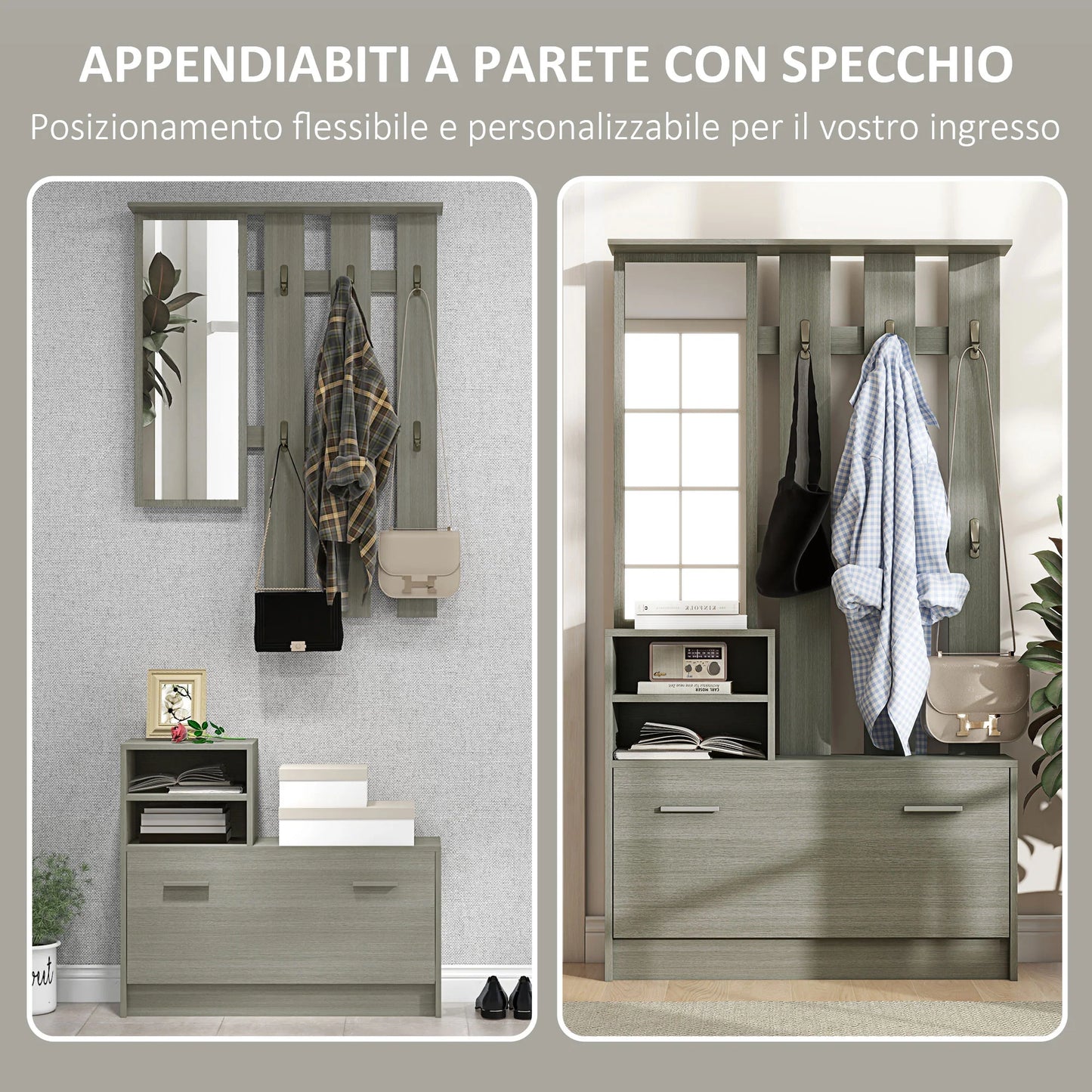 HOMCOM 4-in-1 Flurmöbel Set mit Garderobe, Spiegel, Sitzbank mit Regal und Schuhregal für 8 Paar Schuhe, Grau