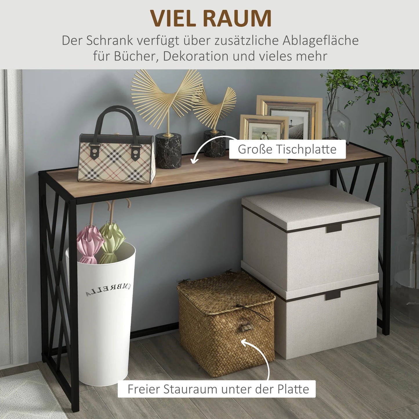 HOMCOM Konsolentisch, Seitentisch mit Stahlbeinen, 120 x 35 x 75 cm, Industriedesign Flurtisch, Beistelltisch für kleine Räume, Eingangsbereich, Flur, Wohnzimmer, Schlafzimmer, Braun