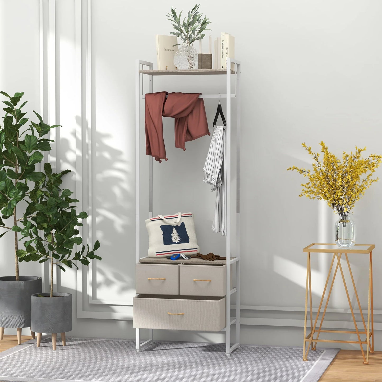 HOMCOM Coat Rack for Hallway with 3 Fabric Drawers, Clothes Rail and Shelf for Hallway, Bedroom, Living Room 58.5x30x178 cm Natural