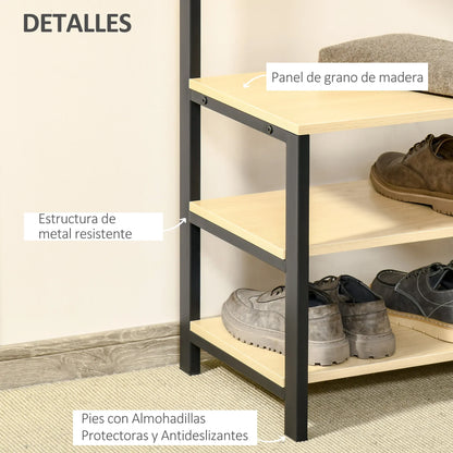HOMCOM Coat Rack with Bench and Metal Shoe Rack with 3 Shelves and 4 Hooks for Hanging Clothes for Hallway/Entrance 60x40x175 cm Black and Natural
