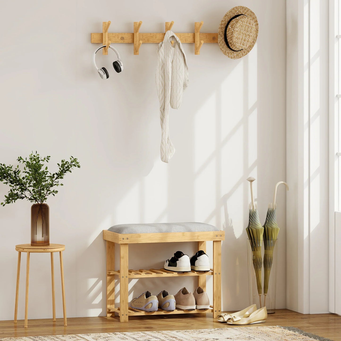 HOMCOM Shoe Storage Bench with Shoe Cabinet, 2 Shelves and Integrated Grey Cushion, made of Bamboo