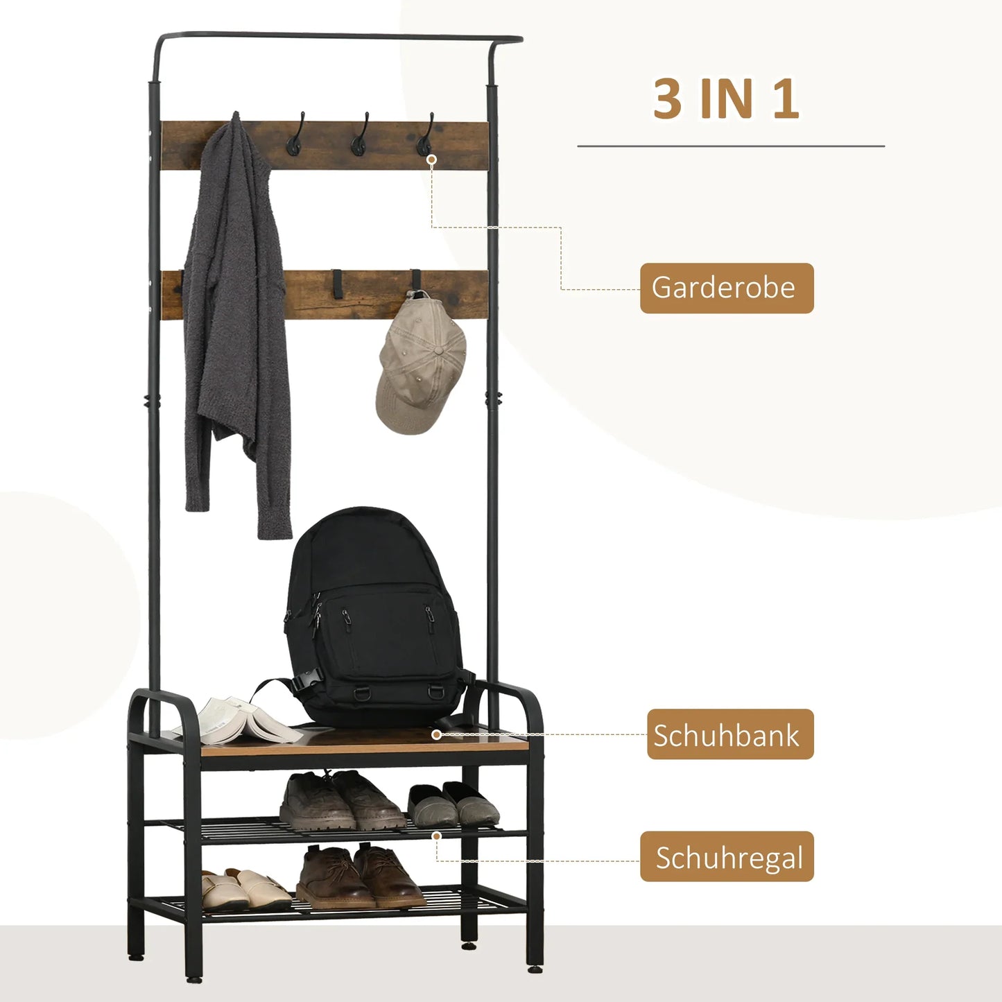 HOMCOM Clothes Rail Shoe Rack with 8 Hooks and 2 Shelves MDF Black 72.8 x 34 x 182 cm