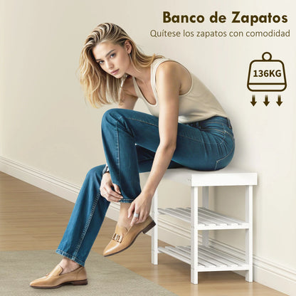 HOMCOM Bambus Schuhbank mit Sitzfläche, Schuhregal, 3-stufiger Schuhorganizer für 6 Paar Schuhe für Flur, Wohnzimmer, Schlafzimmer, 70x28x45 cm, Weiß