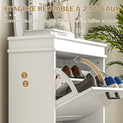 HOMCOM Schuhschrank, Schuhregal, 2 Klapptüren, verstellbare Regale, für Eingangsbereich, Flur, 54 x 24 x 82,5 cm, Weiß