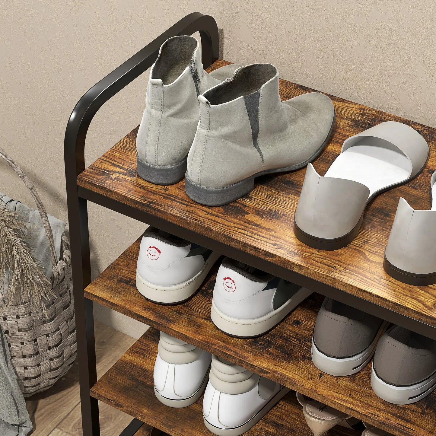 HOMCOM Shoe Rack with 4 Tiers, Shoe Shelf with Handle, Shoe Stand for 11 Pairs of Shoes, Space-Saving Shoe Storage, Shoe Organizer for Entryway, Hallway, Rustic Brown