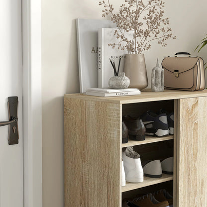HOMCOM 4-stöckiger Schuhschrank für den Eingangsbereich, Spanplatte und Stahl, Schuhaufbewahrung mit Schiebetür, Schuhregal mit Ablagen für bis zu 12 Paar Schuhe, 80x40x93 cm, Holzfarbe