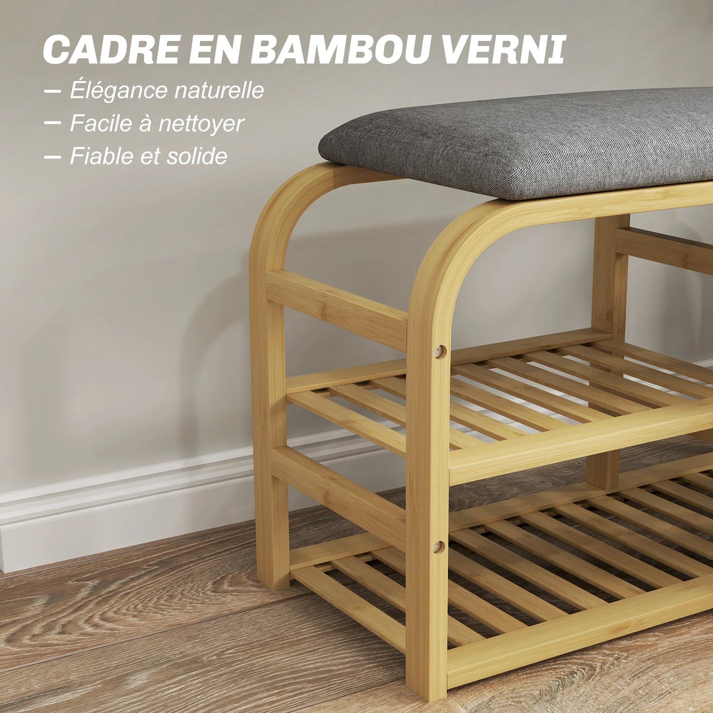 HOMCOM Schuhbank aus Bambus mit gepolsterter Sitzfläche, 2 Lattenregalen und verschiebbarem Stoffkorb, Flurbank für Flur, Schlafzimmer, 70x30x45cm, Naturholz