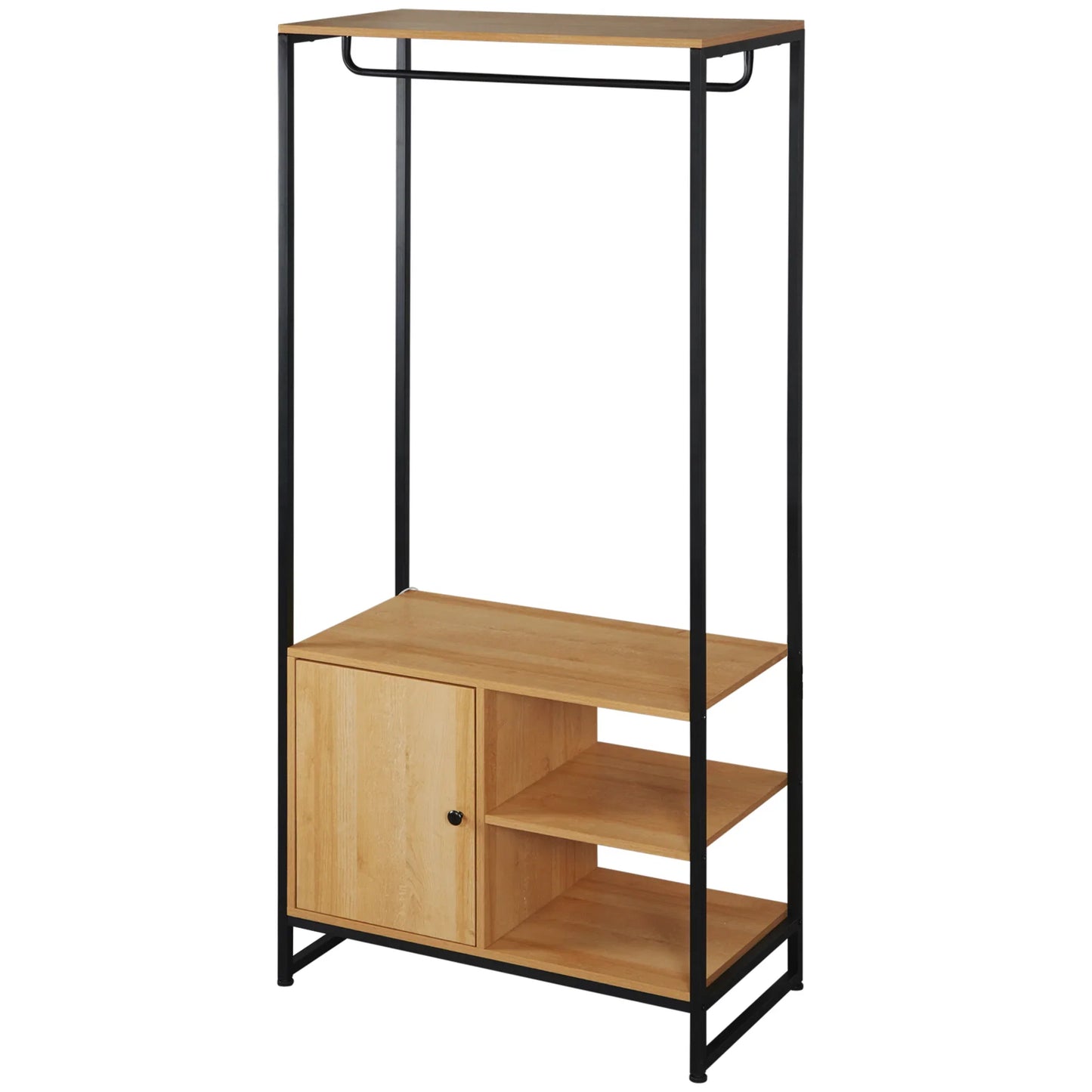 HOMCOM Industrial Style Clothes Rack Made of Steel and Wood, Wardrobe with Shelf and 2 Open Side Compartments, 80x40x180cm, Natural