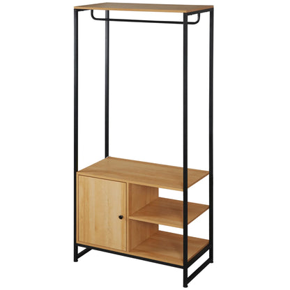 HOMCOM Industrial Style Clothes Rack Made of Steel and Wood, Wardrobe with Shelf and 2 Open Side Compartments, 80x40x180cm, Natural