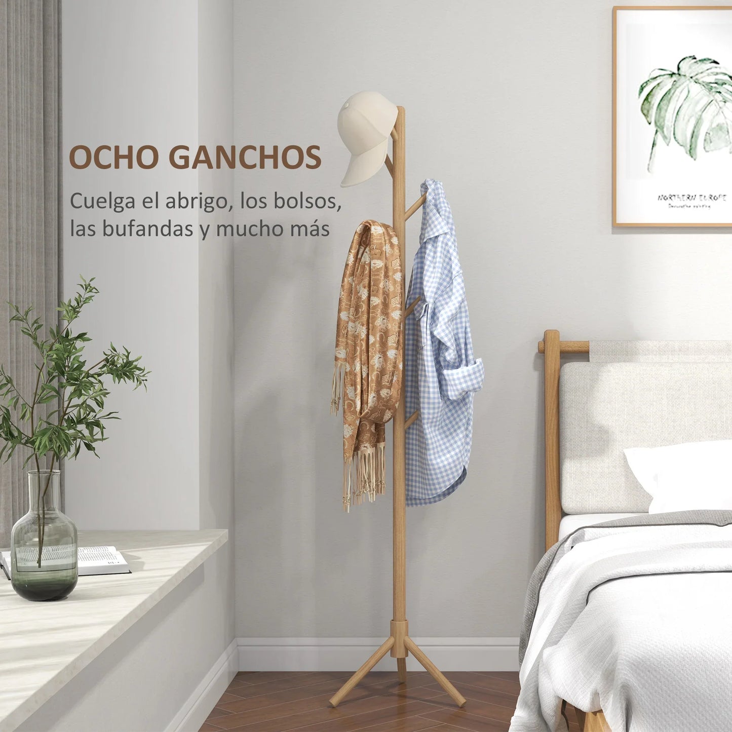 HOMCOM Freestanding Coat Rack with 8 Hooks - Wooden Clothes Tree for Hallway, Entrance Area, Bedroom 40x40x165 cm Natural